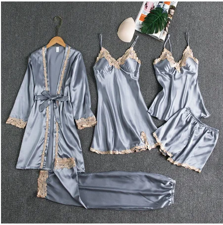 5PCS Sleepwear Female Pajamas Set Satin Pyjamamas Lace Patchwork Bridal Wedding Nightwear Rayon Home Wear Nighty&Robe Suit