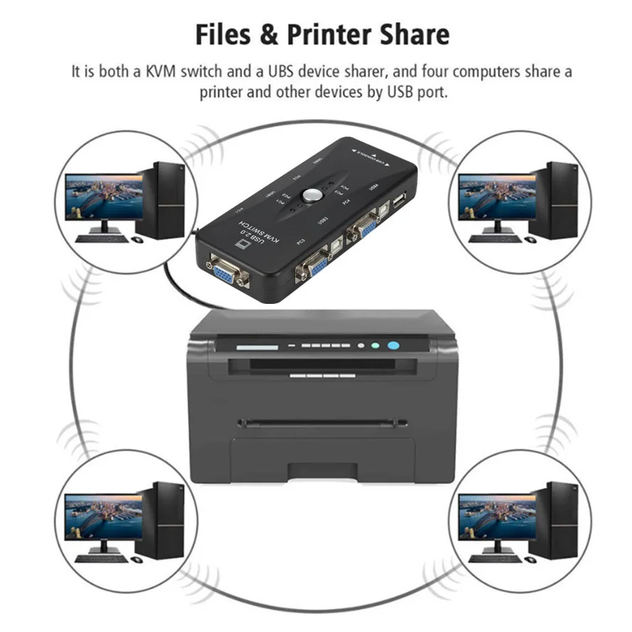 WVVMVV 4-портовый kvm-переключатель USB 2 0 VGA разветвитель для принтера мыши