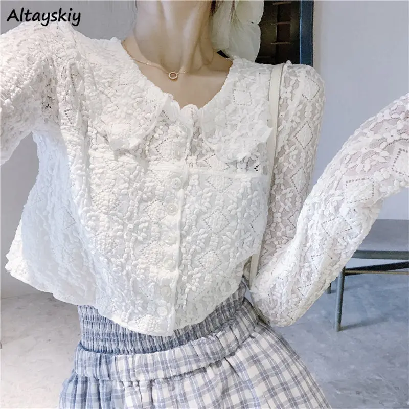 

Shirts Women Spring Sweet Lace Long Sleeve Turn-down Collar Elegant All-match Solid Simple Fashion Female Ulzzang College Party