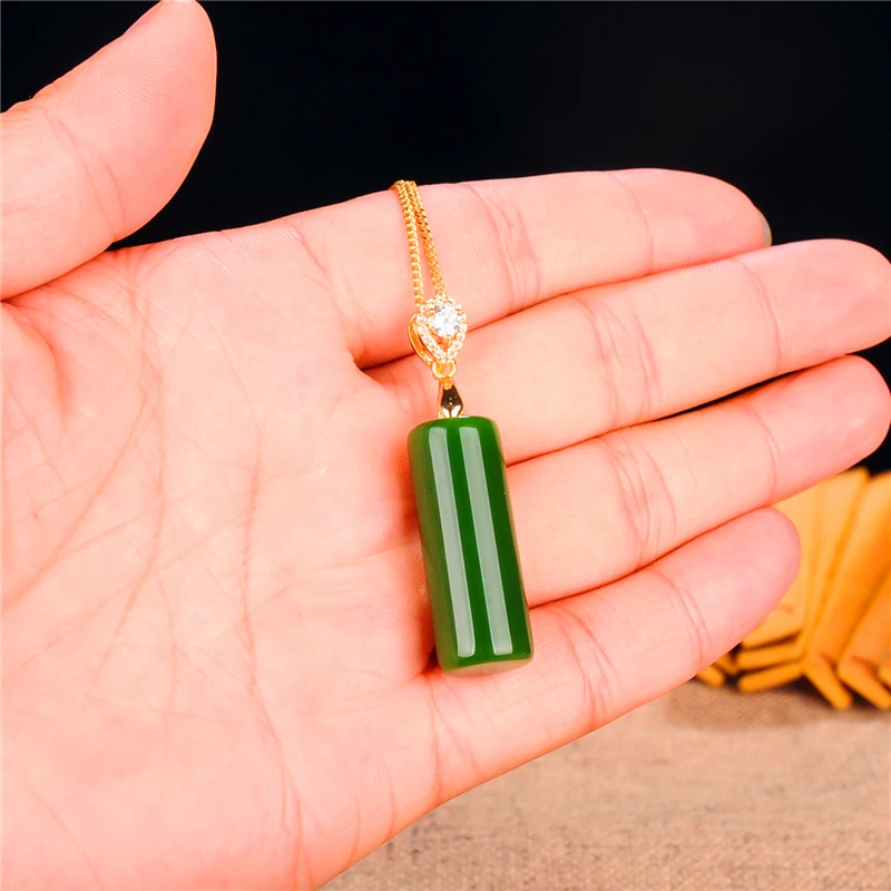 

LETSFUN Natural Chinese Xinjiang Green Jade Gemstone Cylinder Gold Chain Necklace Fine Jewelry