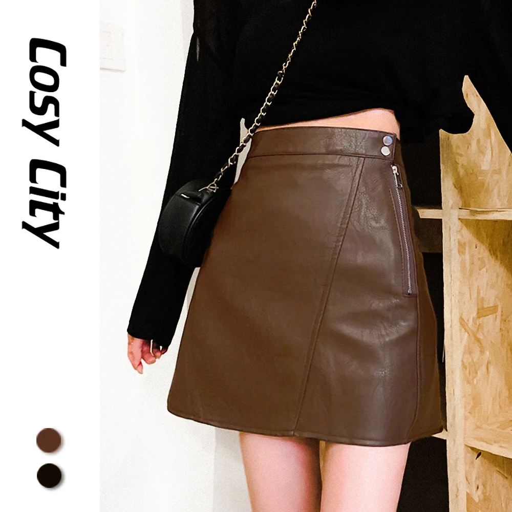 

Women Sexy Black/Brown Faux Synthetic Imitation Leather High Waisted Short Short Skirt 2021 Skort Fashion Summer Autumn Clothing