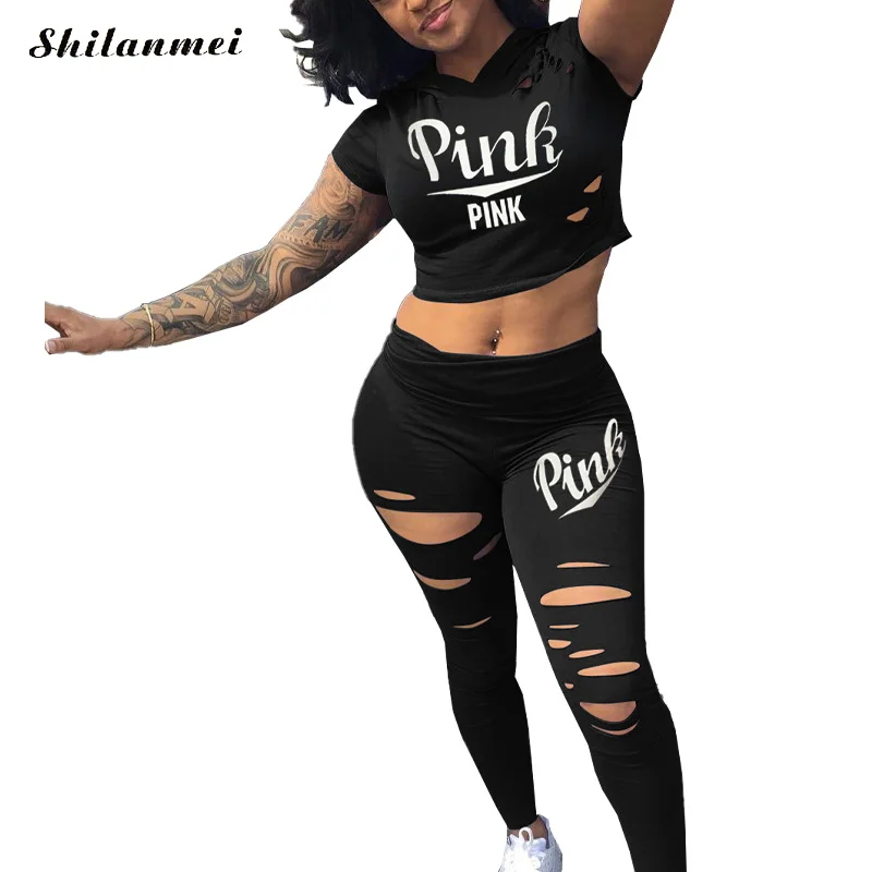 

Pink Letter Print Sexy Tracksuit For Women Hollow Out Short Sleeve Cropped Hoody Leggings Pants Suits Female Outfits Streetwear