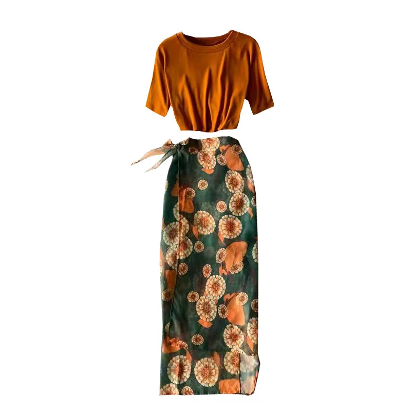 

Sanya beach printed skirt of tall waist split skirts take two piece suit travel wear women's round neck T-shirt