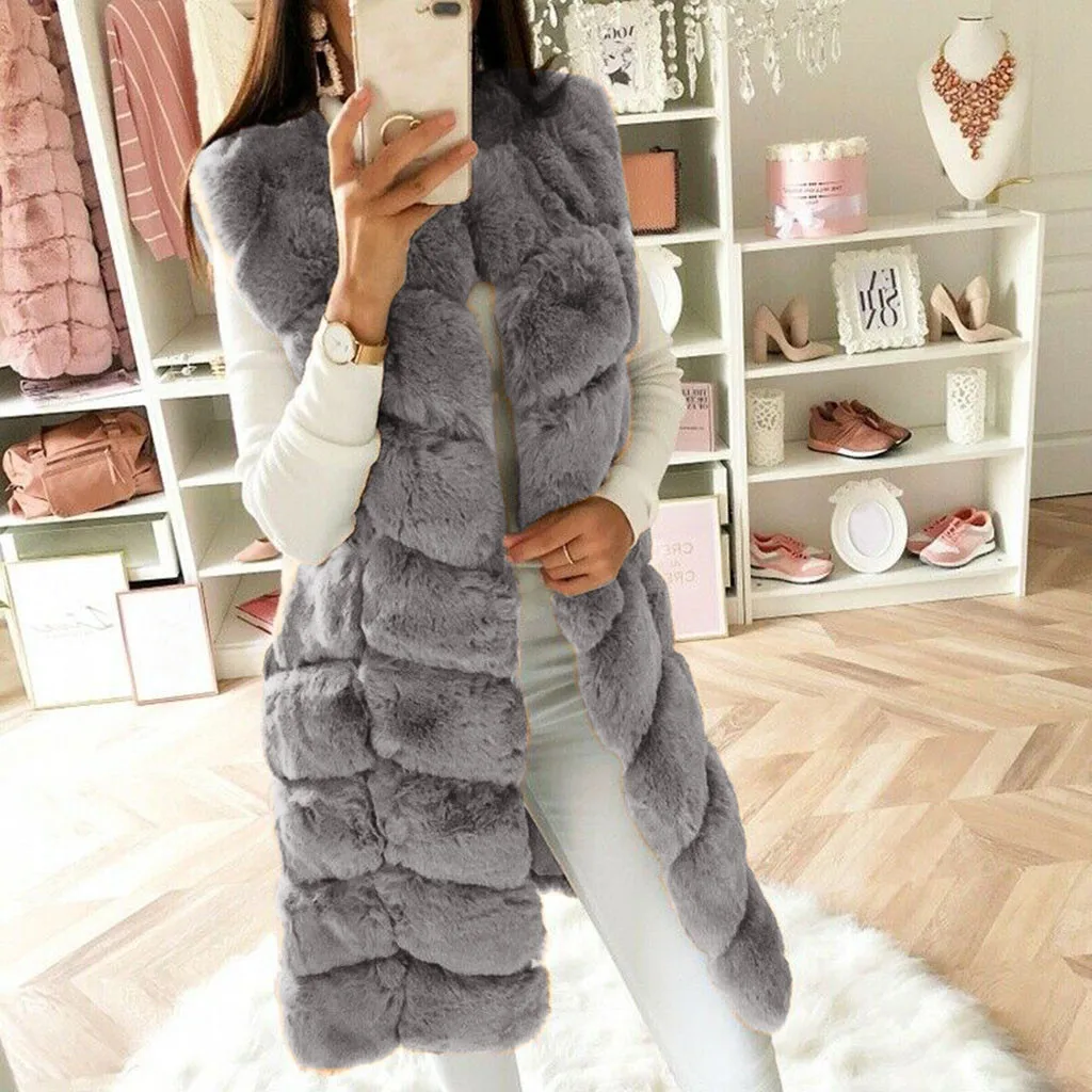 

2022 Womens Long Faux Fur Vest Winter Fashion Solid Sleeveless Waistcoat Body Thick Warmer Ladies Jacket Coat Veste Outwear #40