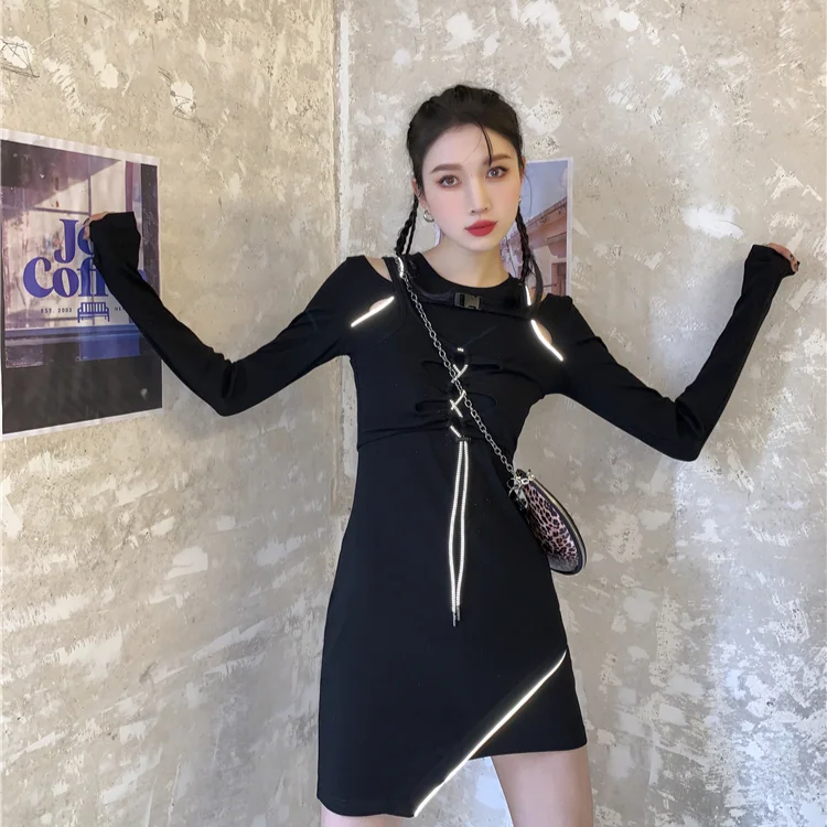 

Kimotimo Women Frosty Wind Dress Female 2021 Spring Black Hot Girl Design Advance Buttocks Temperament Thin Sexy Style Skirt Ins