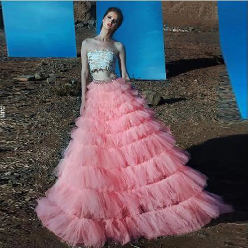 

Beautiful Pink Ball Gown Long Formal Prom Skirt Women Chic Tiered Tulle Ruffle High Waist Zipper Fashion Party Skirts Custom
