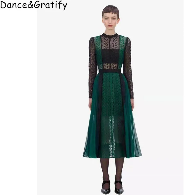 Осень Винтаж Зеленый выдалбливают миди платье пикантная прозрачная кружевное