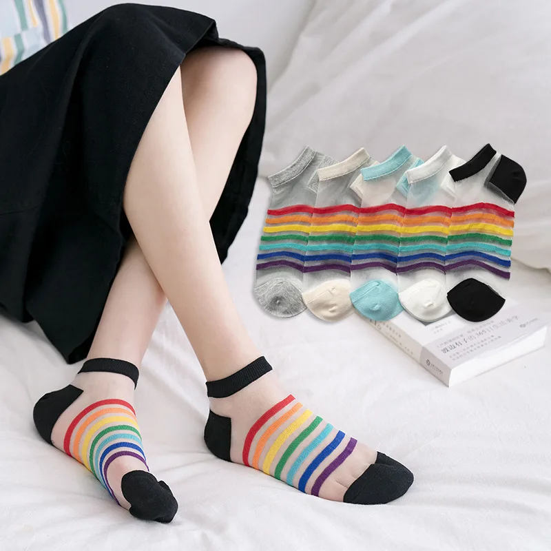 

striped socks rainbow calcetines de la mujer kawaii woman lace harajuku cute women kobieta skarpety skarpetki damskie mesh sheer