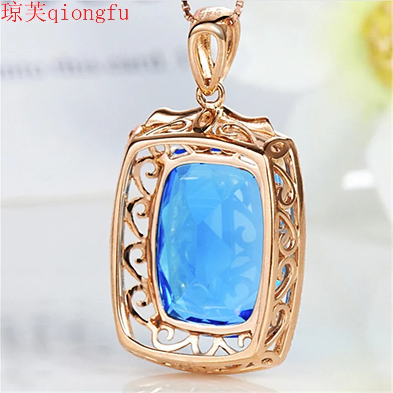 

Qiongfu 2021 new ladies necklace Swiss blue topaz 12 carat gemstone pendant electroplated 18K gold diamond color gem jewelry