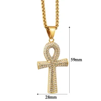 egyptian iced out ankh cross pendant necklace for women men gold color stainless steel chains hiphop ancient egypt jewelry