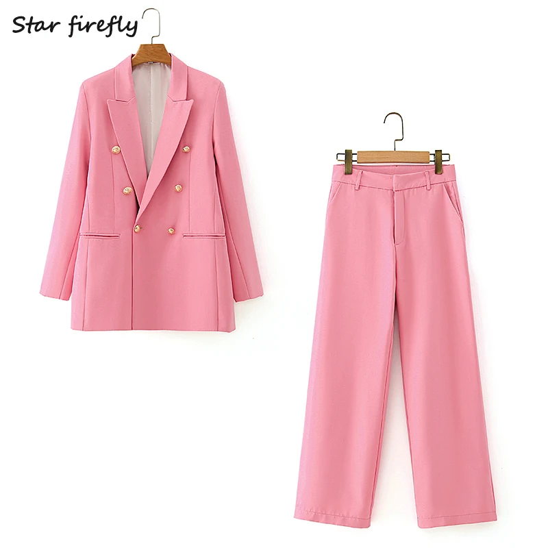 Женский классический блейзер Star firefly розовый двубортный с карманами и брюки