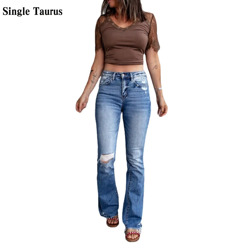 

Retro Stretch Slim Bootcut Jeans High Waist Vintage Moustache Effect Mom Denim Blue Pants for Women Casual Streetwear Clothing