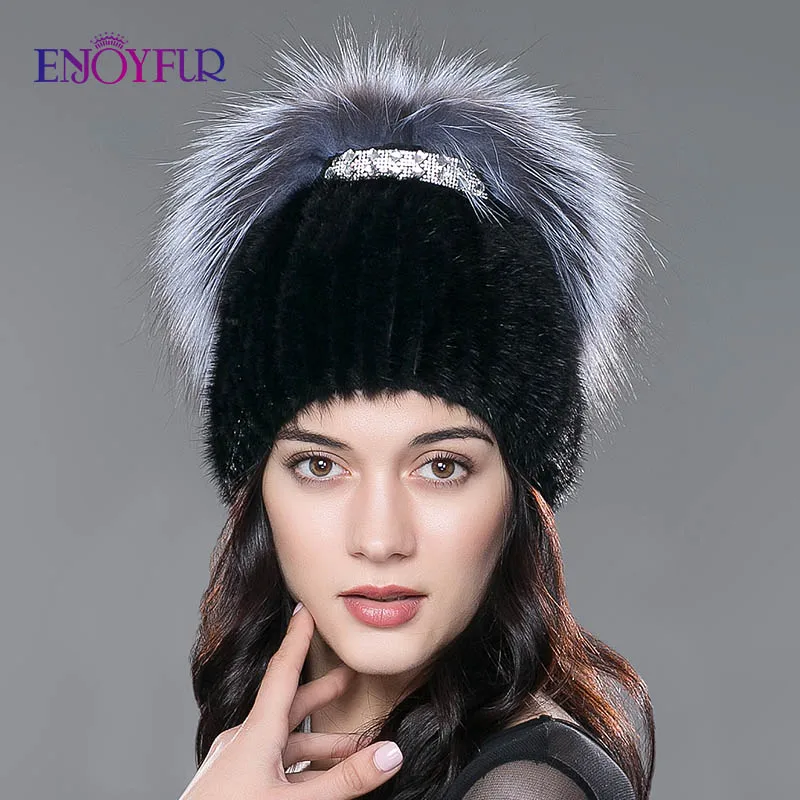 Женская вязаная русская шапка ENJOYFUR, теплая шапка бини из натурального меха норки и чернобурки на зиму