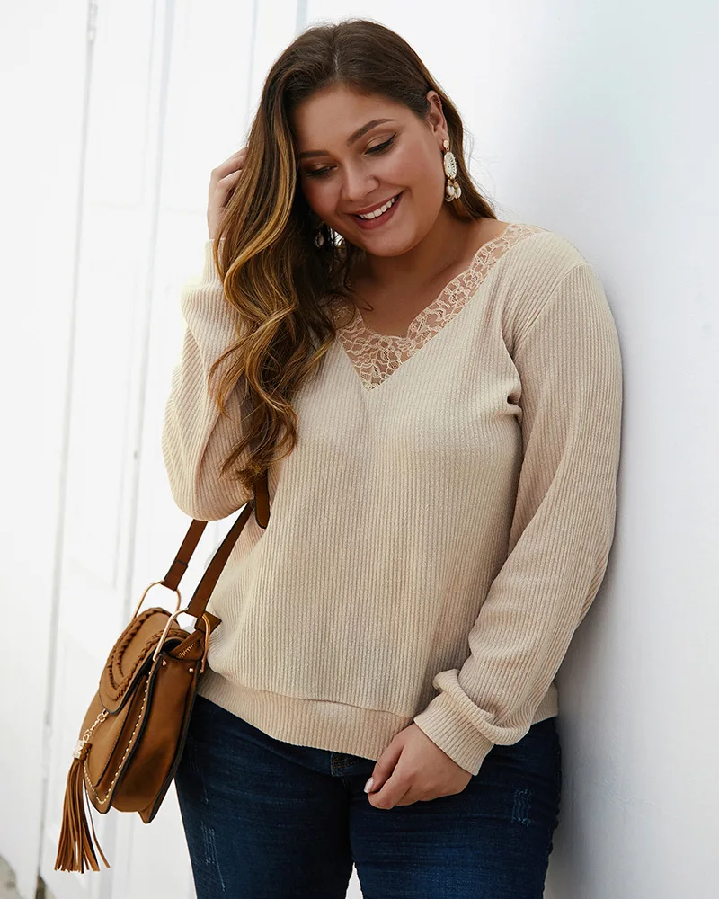 Women plus size 3xl 4xl sweater knitted winter sweaters women's long sleeve v-neck lace pullover large | Женская одежда