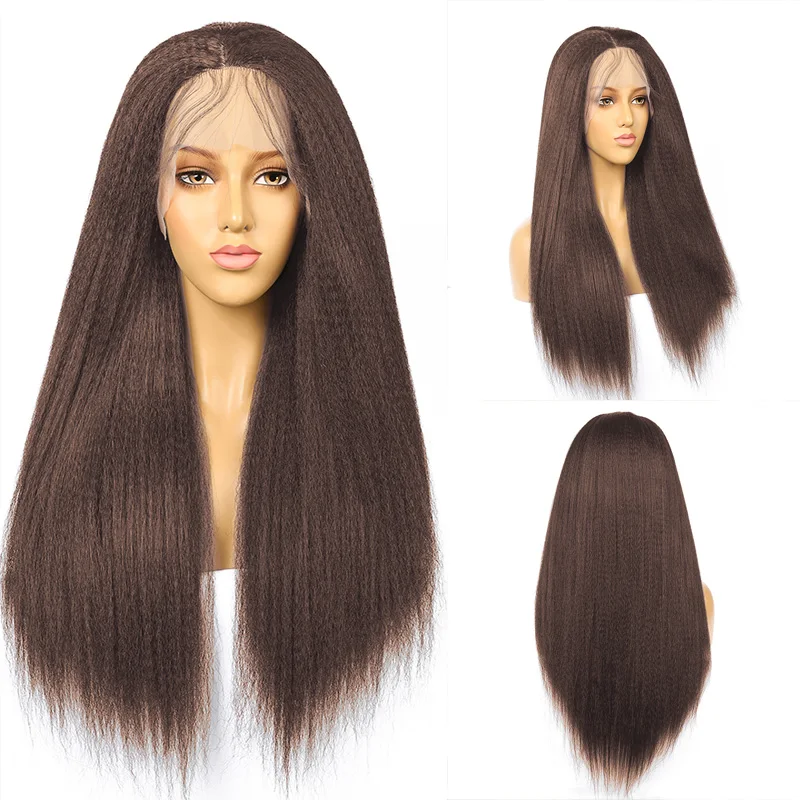 

Yaki 180 плотность курчавые прямые коричневые 26 дюймовые кружевные передние парики для женщин с детскими волосами натуральные волосы синтетич...