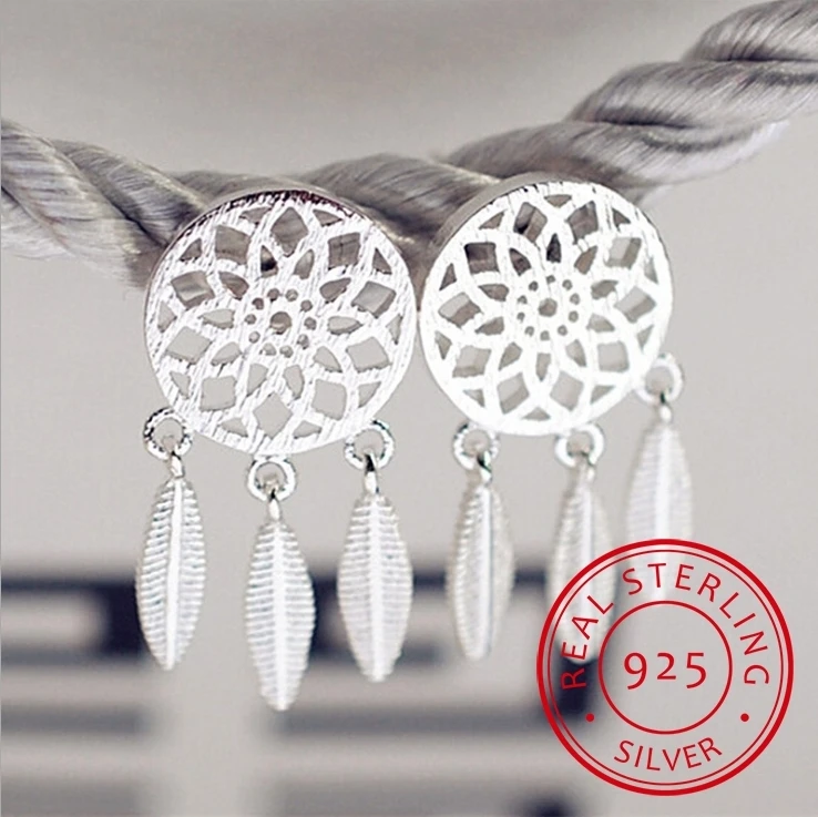 

925 silver needle Earrings Dream Catcher Fashion Feather Tassel Earrings For Women oorbellen brincos de prata S-E387