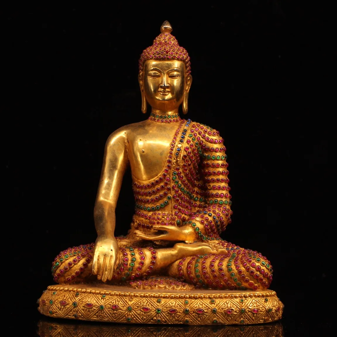 

13" Tibet Buddhism Old Bronze Gilt mosaic Gem Great Buddha Tathagata Sakyamuni Sitting Buddha Enshrine the Buddha