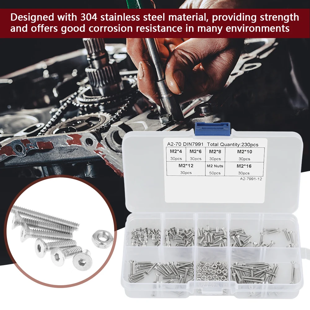 230pcs M2 304 Stainless Steel Flat Head Bolt Tapping Screws Nuts Assortment Kit Screw Bolts and Set with Box | Обустройство дома