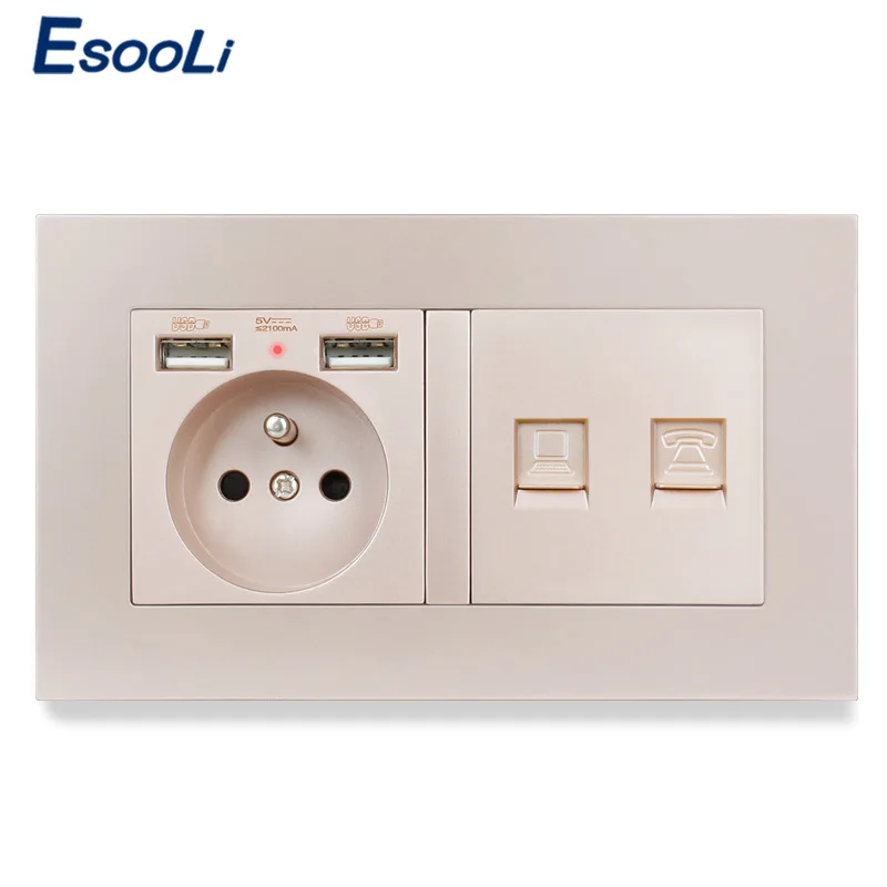Пластиковая панельная розетка ESOOLI французский стандарт 2 USB-порта для зарядки RJ45