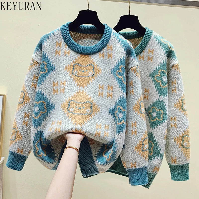 

Kawaii Sweater Female Fall Winter Cartoon Oversized Pullovers Ladies Jumpers Loose Lazy Women Knitted Sweaters Sueter Mujer 2021