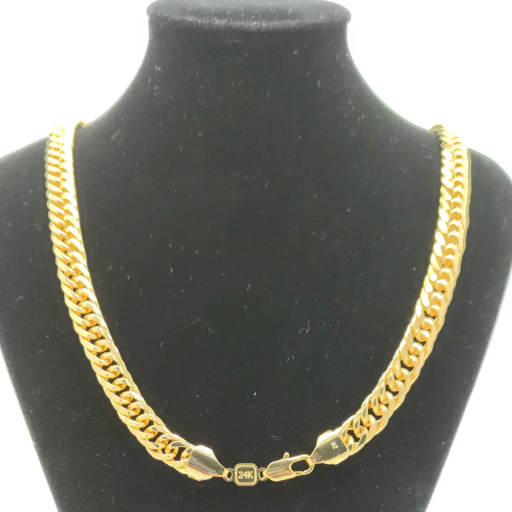 Collar de cadena de eslabones cubanos para hombre, cadena de eslabones de doble curva, oro fino sólido amarillo de 24k, G/F, 600MM y 10MM
