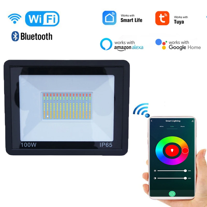 

2021 Tuya Smart Dual-mode Wifi+BLE Bluetooth-compatible Direct Connection Led RGB+W+C Flood Light Work With Google Home Alexa