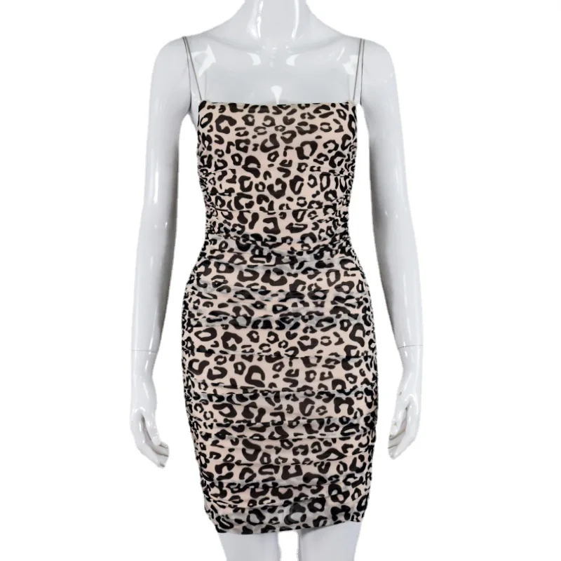 

2021 Summer Sexy Women's Fashion Leopard-print Mesh Pleated Sling Bag Hip Short Skirt Dress Women