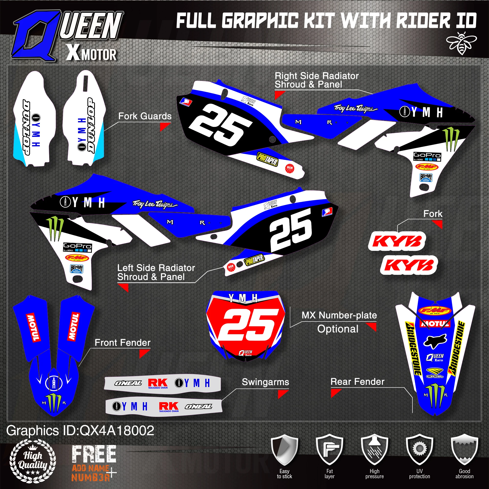 QUEEN X MOTOR Custom Team графические фоны наклейки 3M Набор наклеек для YAMAHA 2019-2021 YZ250F 2018-2021