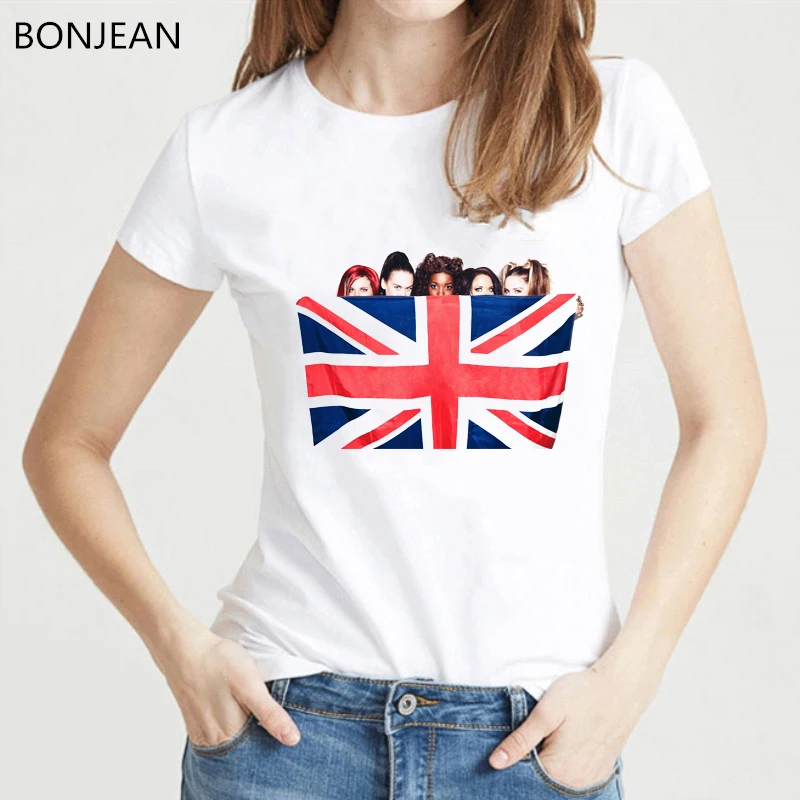 Футболка с графическим принтом Спайс для девочек с британским флагом, женская одежда, одежда в Корейском стиле, футболка, Женская белая футболка, женская уличная одежда
