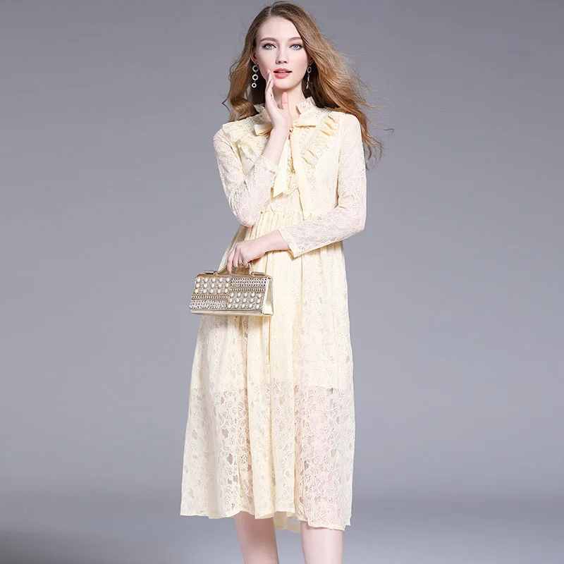 Новинка 2019 весеннее винтажное женское платье кружевное с высокой талией