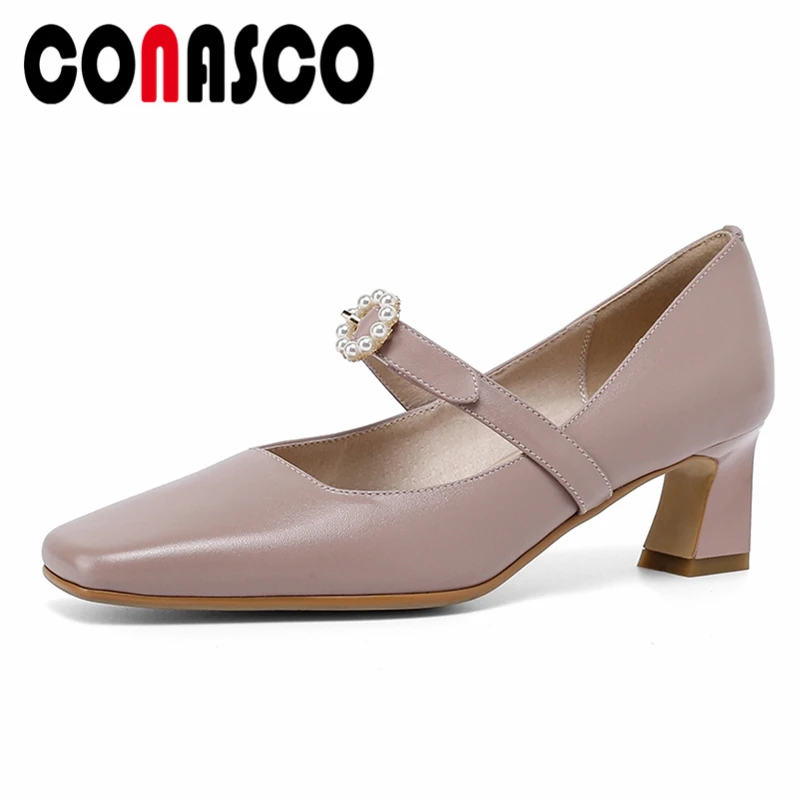 

CONASCO New Arrival Mary Janes Women Pumps Pearl Buckle Thick Heels Concise Casual Working Shoes Woman Spring Genuine Leather