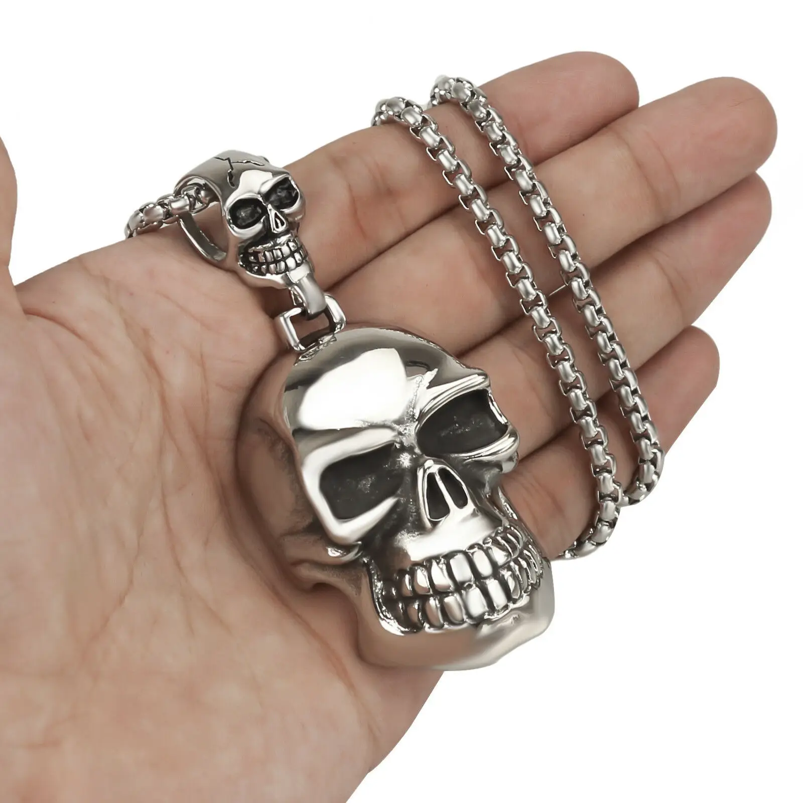

Men's Large Double Silver Skulls Stainless Steel Biker Pendant Necklace Chain