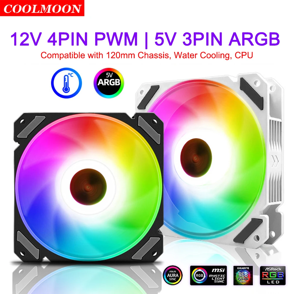Coolmoon Quiet Moon 120mm 4Pin PWM Cooling Fan for PC Water Cooling 5V 3Pin ARGB Cooler Heatsink Radiator for GIGABYTE Aura MSI