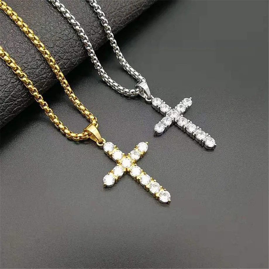 Купи Iced Out Zircon Small Cross Necklace Chain Women's Hip Hop Jewelry Stainless Steel CZ Bling Cross Religious Pendant Necklace за 508 рублей в магазине AliExpress