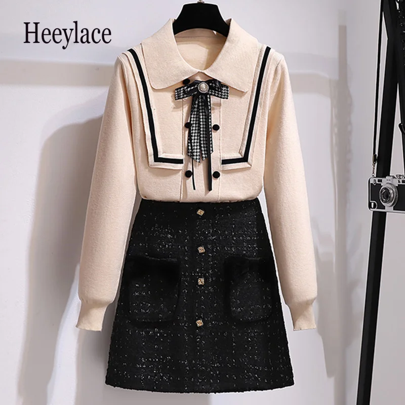 

Retro Black Woolen Mini Skirt Knitted Tops Two Piece Set Women Small fragrance Style Elegant Lapel Plaid Bowknot Sweater Suits