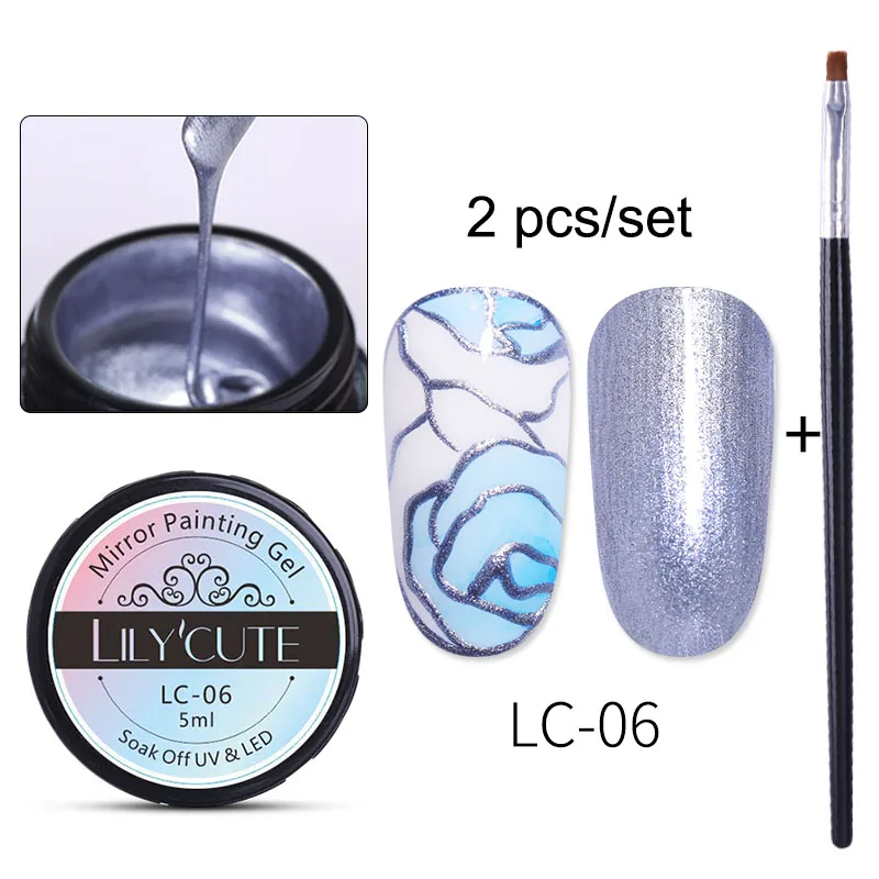 2PCS 6 LILYCUTE 5 мл металлический зеркальный Гель-лак для ногтей, рисунок, роза, красное золото, серебро, Гель-лак для ногтей, сделай сам - Цвет: 2PCS 6
