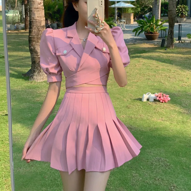 

vetement femme 2021 Summer Casual Two Piece Set Women crop top Pleated Mini Skirts Suits ensemble femme conjuntos de mujer
