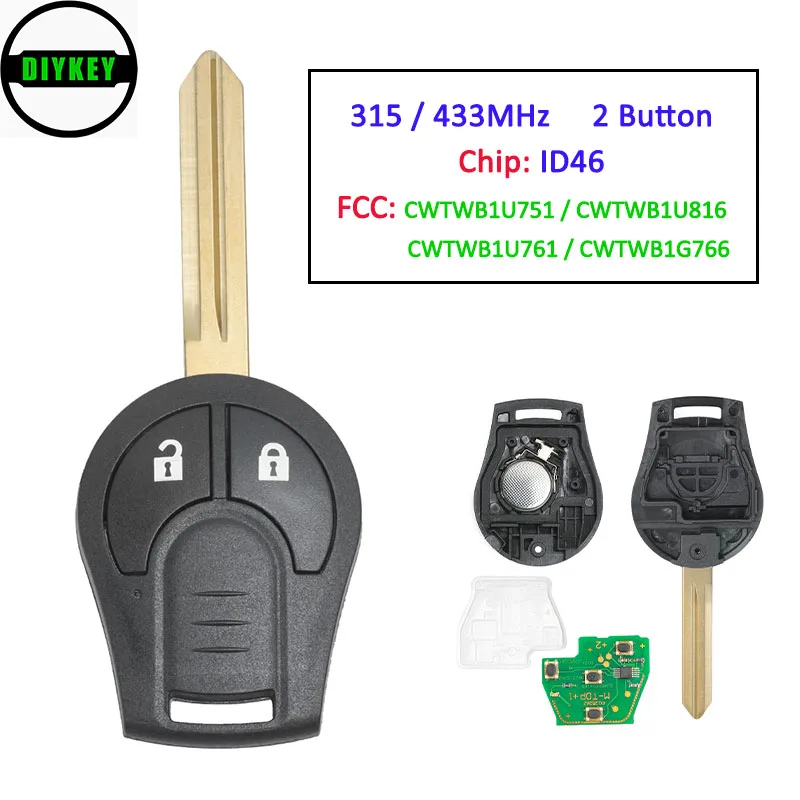 DIYKEY 2 кнопки 315/433 МГц ID46 чип дистанционный ключ брелок от машины для Nissan Quest Altima 350Z