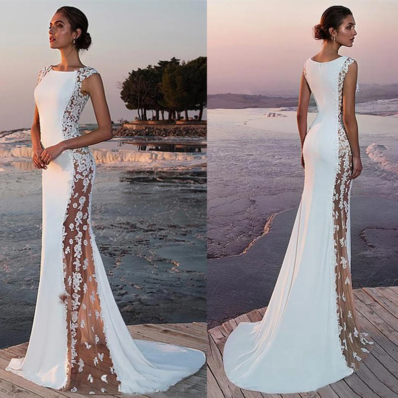 

Summer White Bohemian Beach Mermaid Wedding Dresses 2021 Lace Satin Jewel Lapel Bridal Gowns Sweep Train Length vestido de noiva