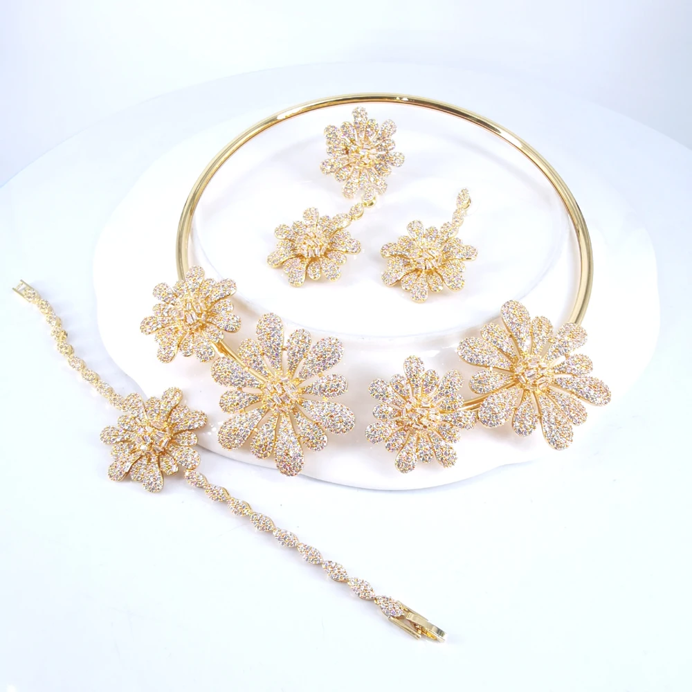 New fashion bohemia flower crystal CZ zircon golden necklace earring bracelet ring wedding bridal banquet dressing jewelry set