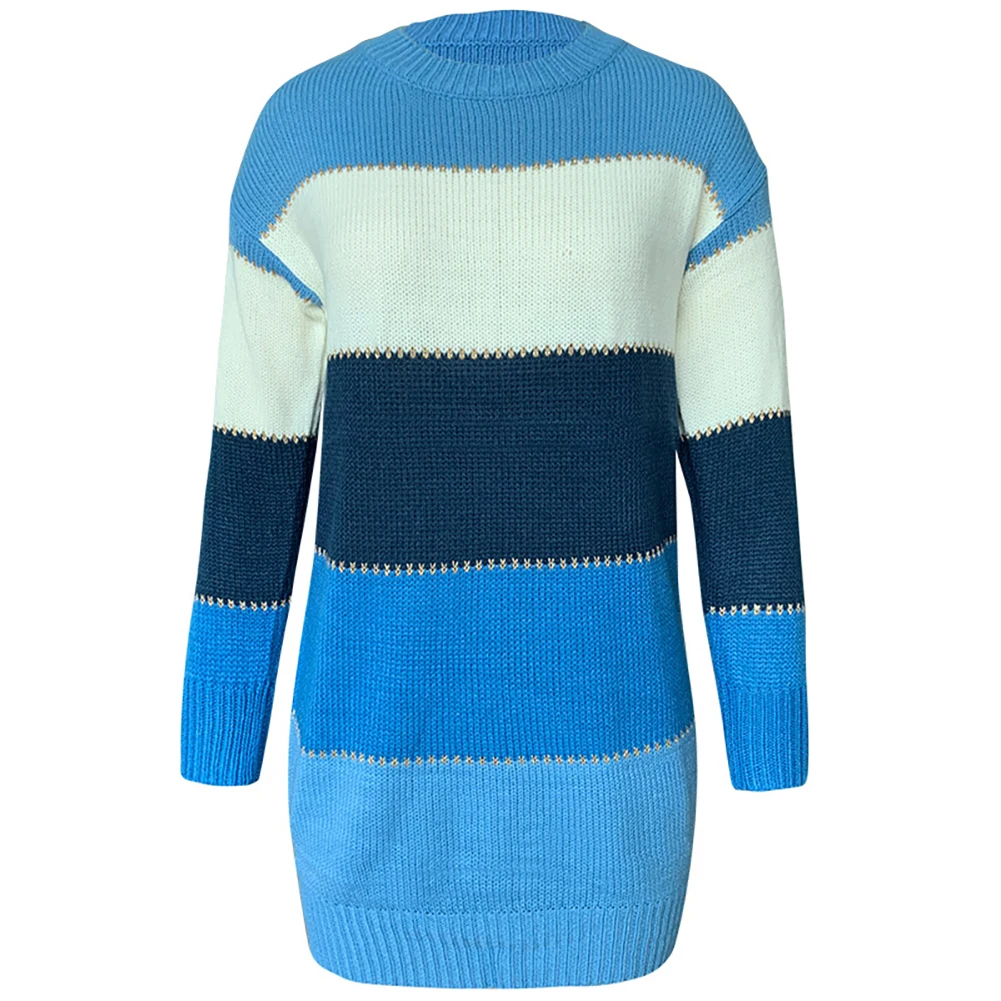 

Women Casual Stripe Patchwork Long Sleeve Knitted Mini Bodycon Sweater Dress 2020