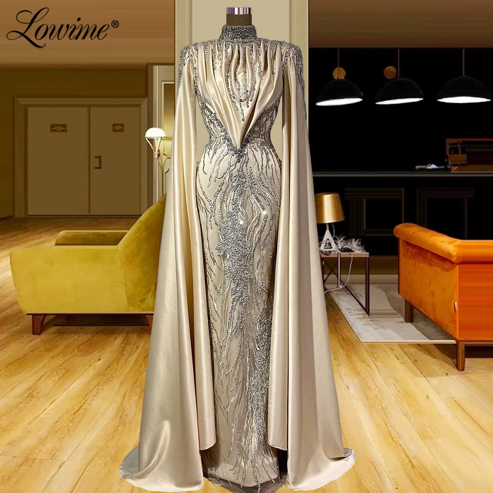 

Lowime Arabic Dubai Customized Party Dresses 2021 Plus Size Long Sleeves Evening Gowns Robes Crystals Beaded Mermaid Prom Dress