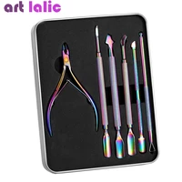6pcs nail art manicure tools set stainless steel titanium dead skin pusher cuticle nippers with box gel polish kit