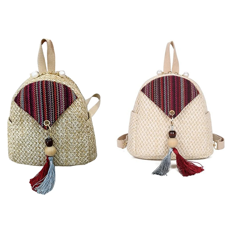 

Соломенный дорожный рюкзак с украшением в этническом стиле, Женский соломенный ранец с бахромой, сумка на плечо