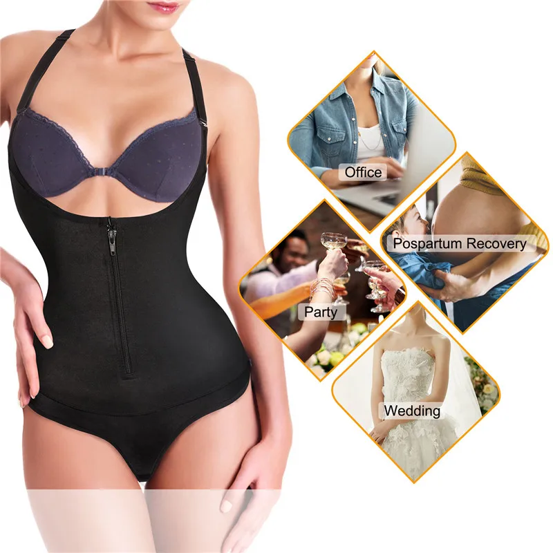 Bafully Body Shaping Women Bodysuit Thong Reducing Shapewear Slimming Waist Trainer Zipper Tummy Shapers Control Modeling Straps