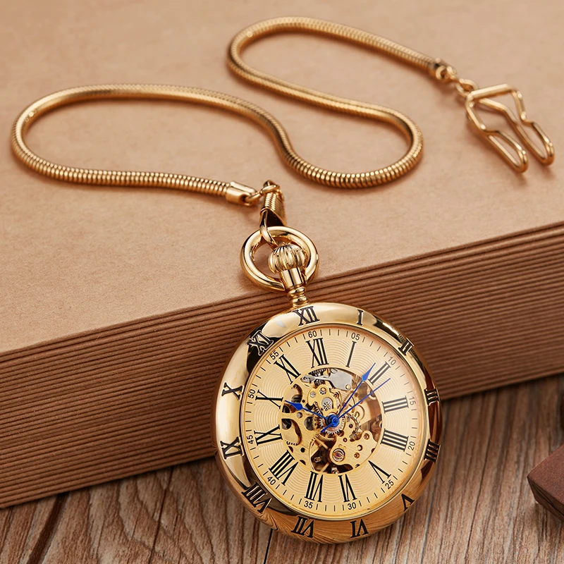 Luxury Golden Mechanical Pocket Watch Skeleton Roman Numerals Dial High Quality Gold Case Fob Chain Clock for Men Dropshipping