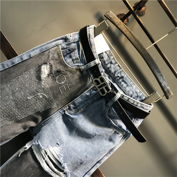 Spring Autumn Fashion AB Face Hit Color Stitching Jeans Women Diamond Ankle Length High Waist Harem Pants J459