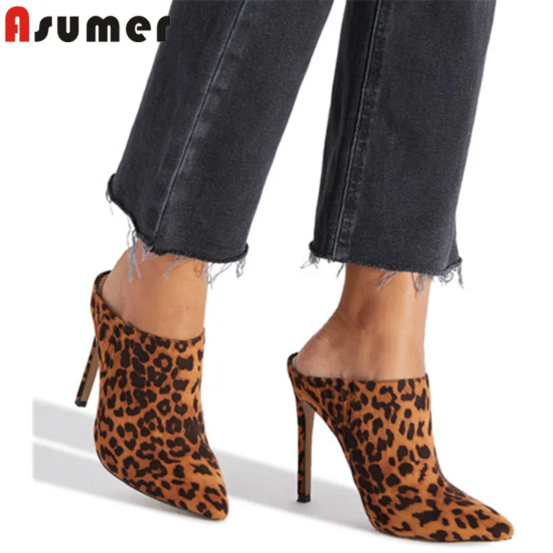 Женские туфли без задника ASUMER на тонком высоком каблуке леопардовые лодочки с