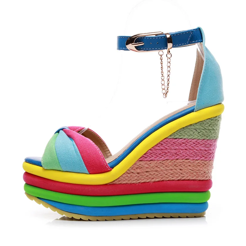 

2020 Colorful women shoes straw wedge summer new super high heel fish mouth Roman ladies sandals cover heel sandalias mujer
