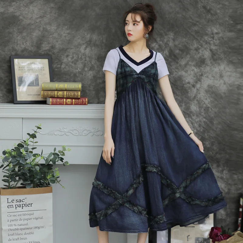 

2020 spring dress women dresses stitching patch ancient style condole braces belt big pendulum cowboy dress vestidos A82119